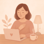 ilustración de mujer en computadora.png Ilustración de una mujer joven leyendo con calma, simbolizando seguridad y confianza Privacy-policy - silencio - lo que nadie ve
