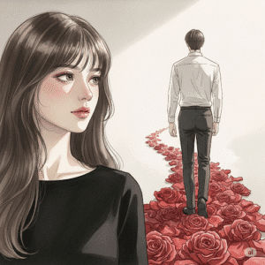 Ilustración estilo acuarela en tonos tenues. Una mujer de cabello largo y flequillo observa, desde la distancia, cómo una figura masculina se aleja por un camino cubierto de pétalos secos. Imagen simbólica sobre la despedida, la nostalgia y el primer amor.
